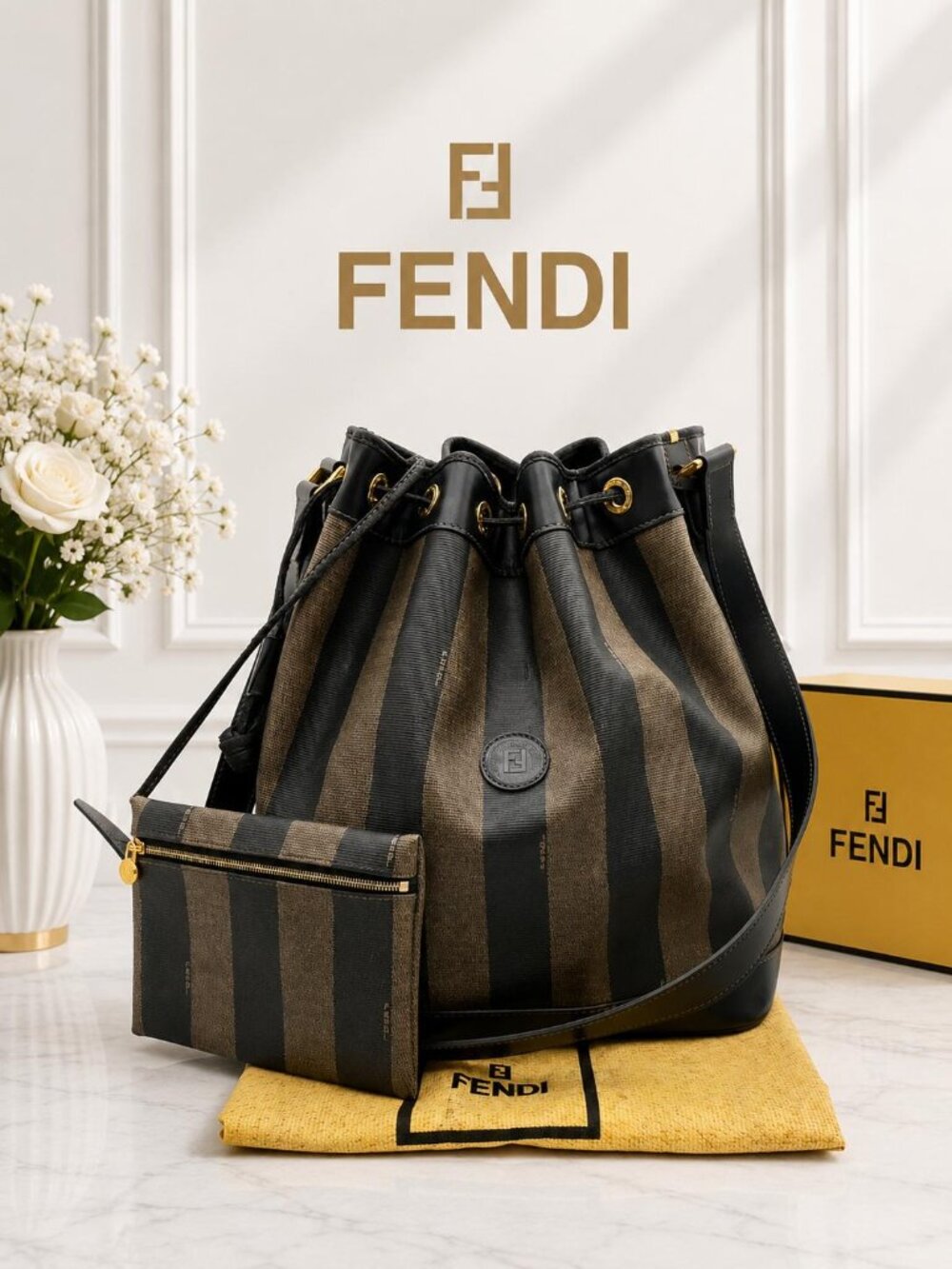Authentic Vintage Fendi Pequin Stripe Bucket Drawstring Shoulder Bag w/Pouch